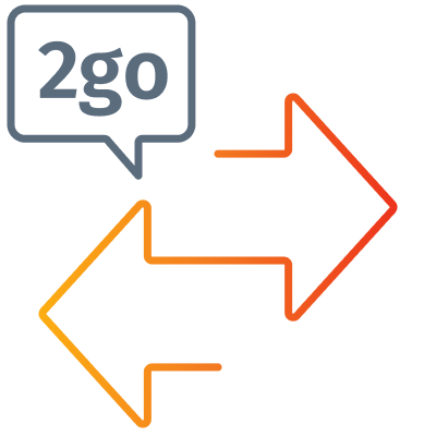 Symbol mit zwei entgegengesetzten Pfeilen und „2go“-Sprechblase.